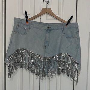 SHEIN Light Blue Jean Shorts with Silver Fringe